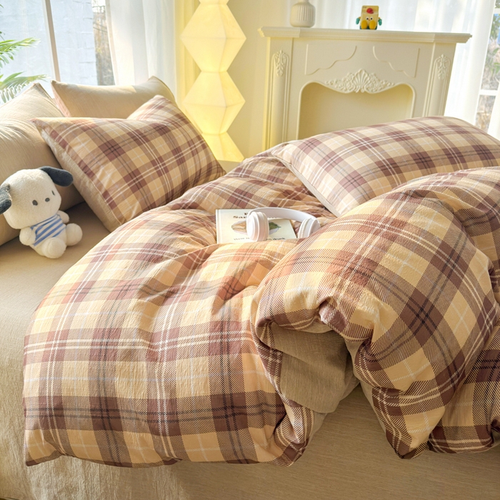 91家纺网 家纺一手货源 找家纺 王朝国际 2026新款时尚印花棉纱四件套 奶咖格