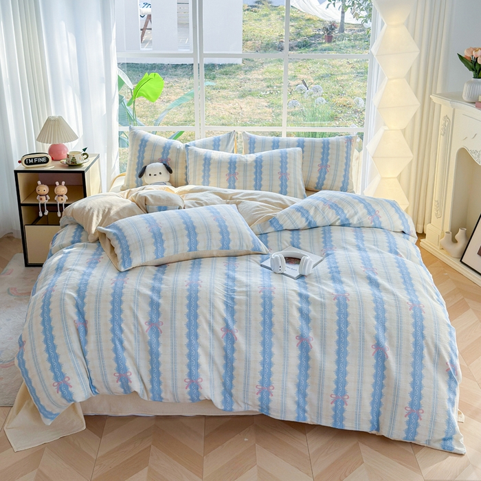 91家纺网 家纺一手货源 找家纺 王朝国际 2026新款时尚印花棉纱四件套 奶油蝴蝶