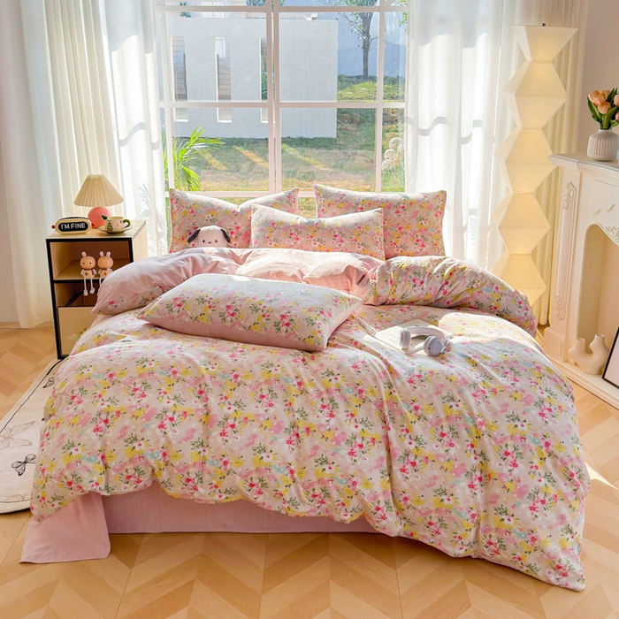 91家纺网 家纺一手货源 找家纺 王朝国际 2026新款时尚印花棉纱四件套 浅樱