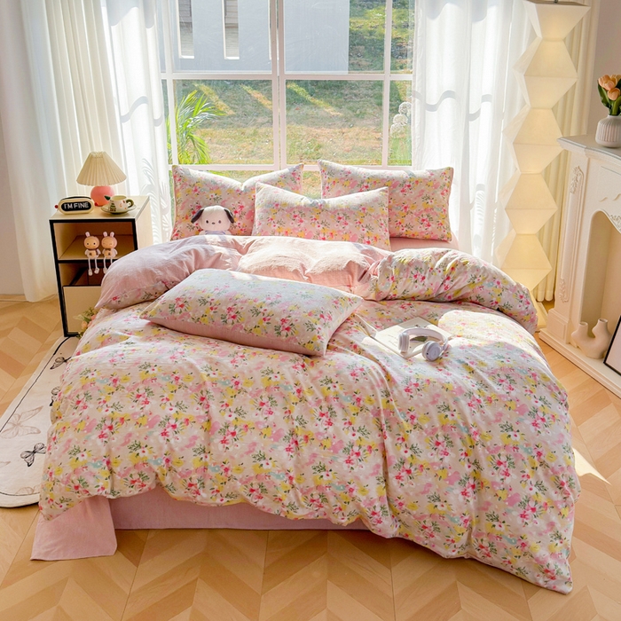 91家纺网 家纺一手货源 找家纺 王朝国际 2026新款时尚印花棉纱四件套 浅樱