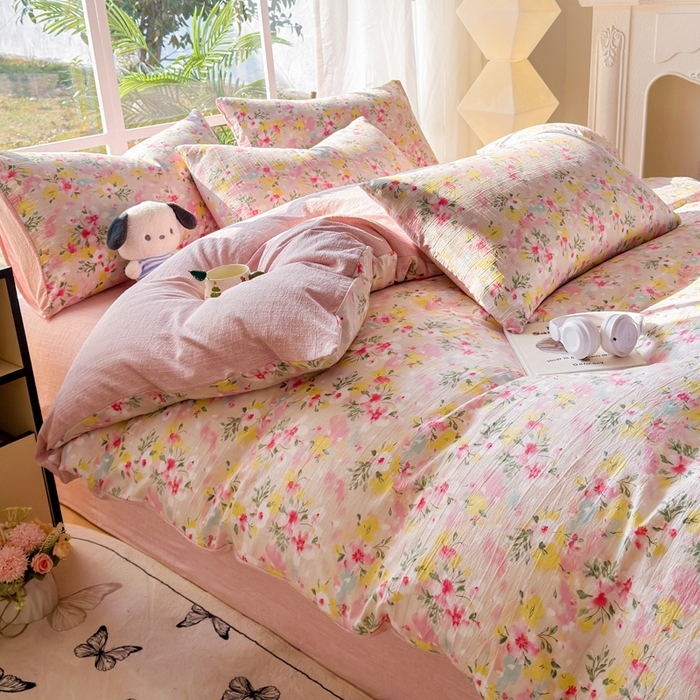 91家纺网 家纺一手货源 找家纺 王朝国际 2026新款时尚印花棉纱四件套 浅樱