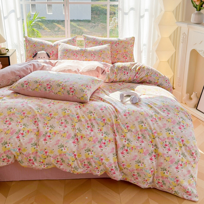 91家纺网 家纺一手货源 找家纺 王朝国际 2026新款时尚印花棉纱四件套 浅樱