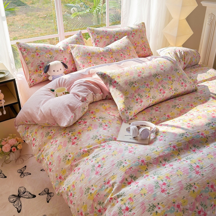 91家纺网 家纺一手货源 找家纺 王朝国际 2026新款时尚印花棉纱四件套 浅樱