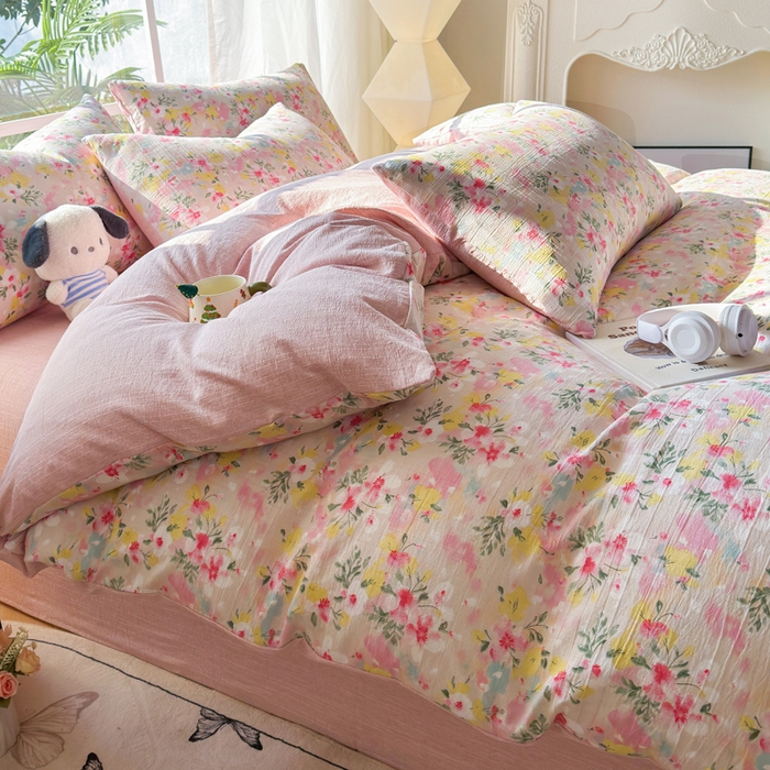 91家纺网 家纺一手货源 找家纺 王朝国际 2026新款时尚印花棉纱四件套 浅樱