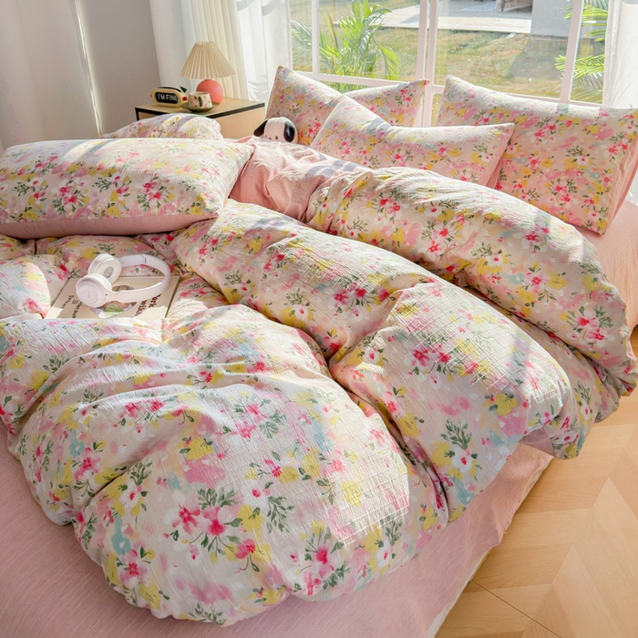 91家纺网 家纺一手货源 找家纺 王朝国际 2026新款时尚印花棉纱四件套 浅樱