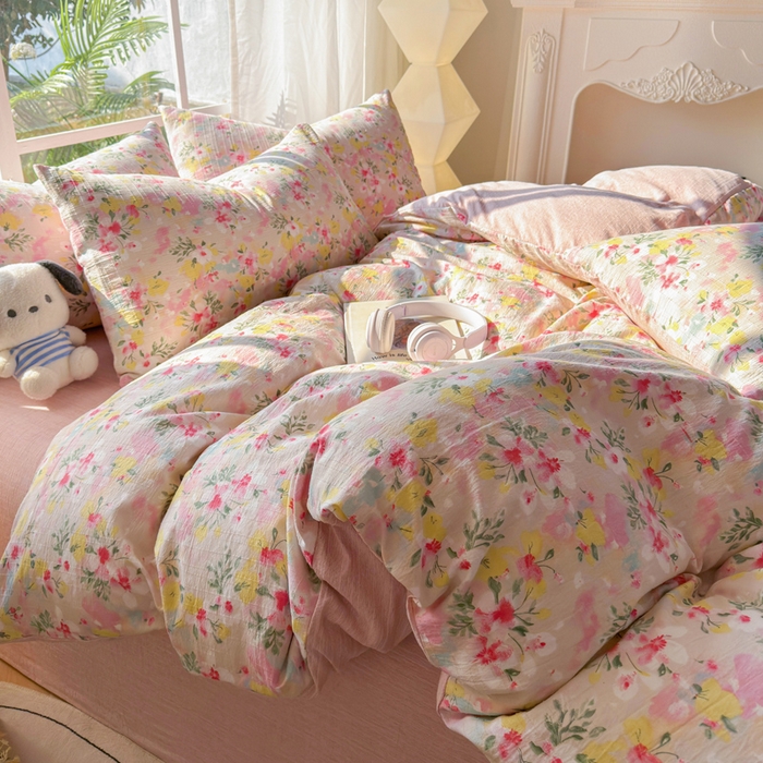 91家纺网 家纺一手货源 找家纺 王朝国际 2026新款时尚印花棉纱四件套 浅樱