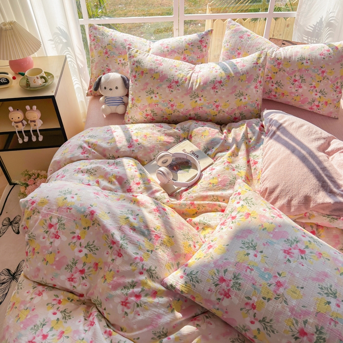 91家纺网 家纺一手货源 找家纺 王朝国际 2026新款时尚印花棉纱四件套 浅樱