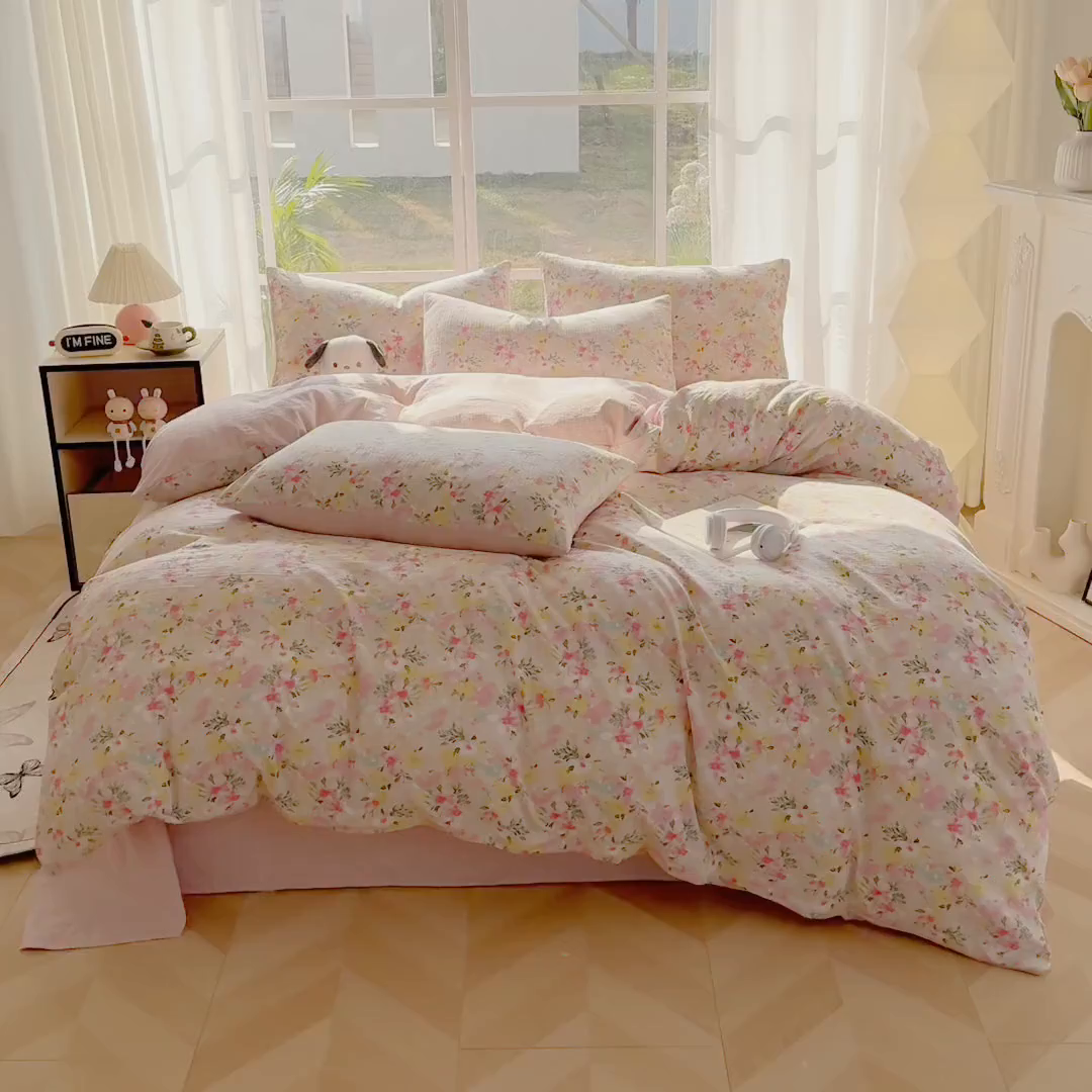 91家纺网 家纺一手货源 找家纺 王朝国际 2026新款时尚印花棉纱四件套 浅樱