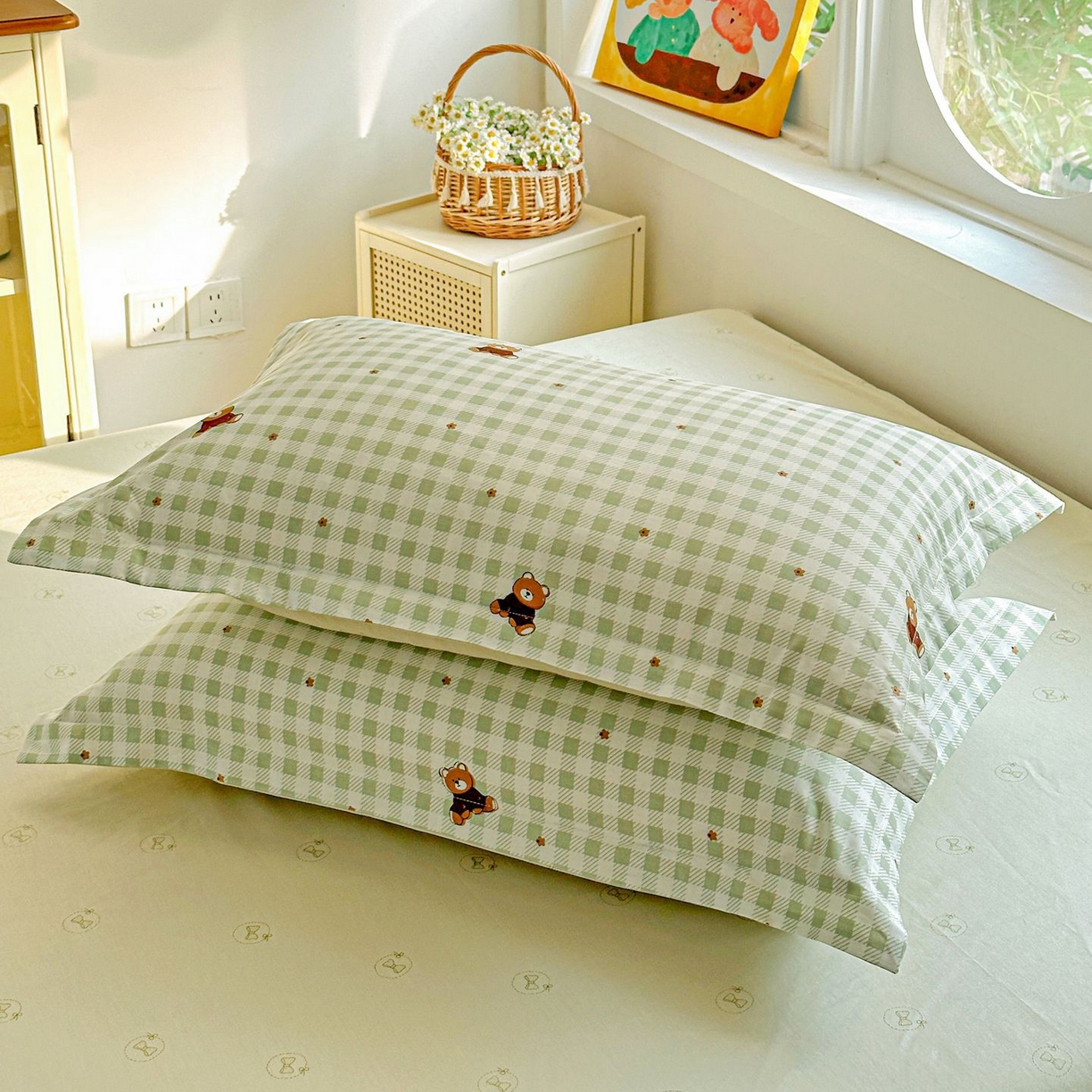 91家纺网 家纺一手货源 找家纺 恩泽家纺 2026新款13372ins全棉印花四件套单品系列-单枕套 酷仔熊