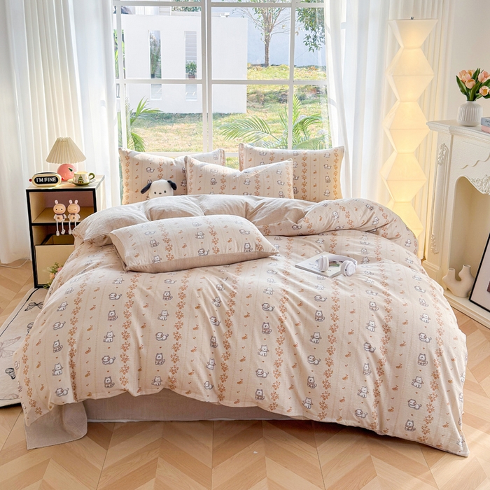 91家纺网 家纺一手货源 找家纺 王朝国际 2026新款时尚印花棉纱四件套 小汪仔