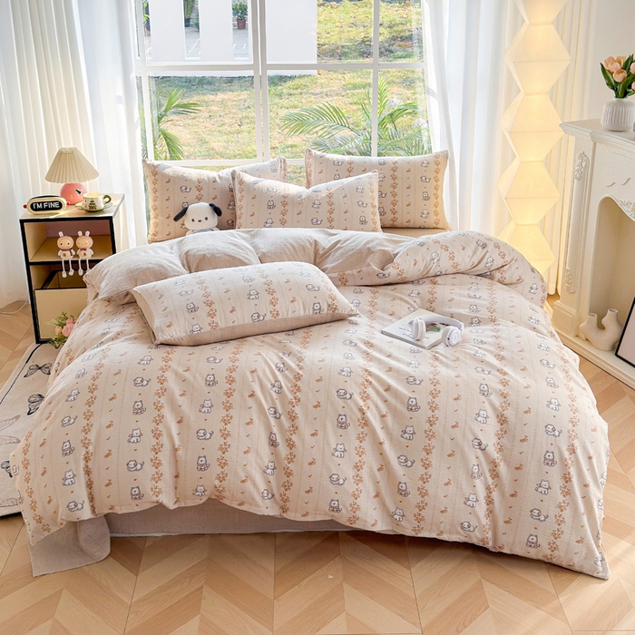 91家纺网 家纺一手货源 找家纺 王朝国际 2026新款时尚印花棉纱四件套 小汪仔