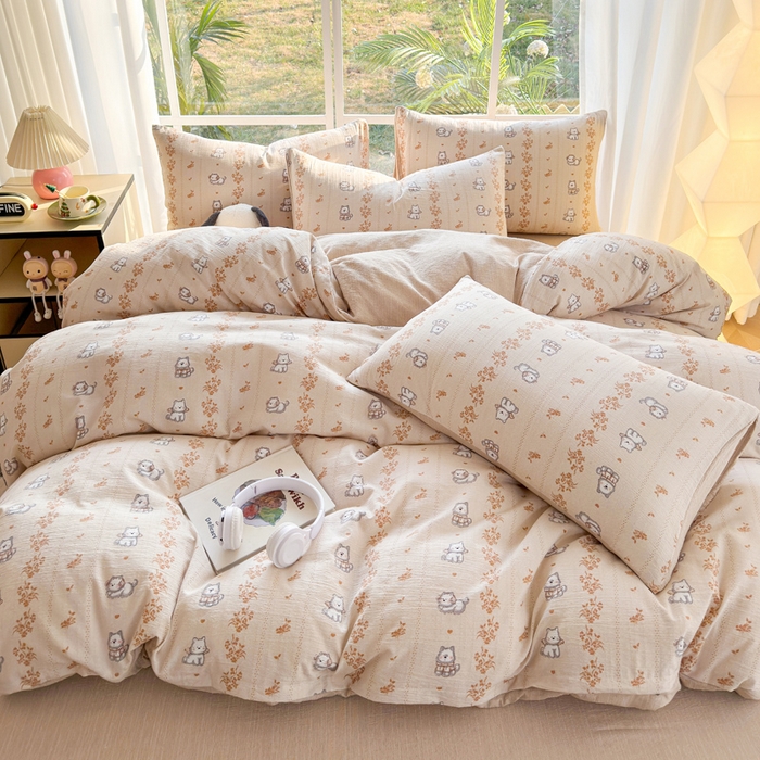 91家纺网 家纺一手货源 找家纺 王朝国际 2026新款时尚印花棉纱四件套 小汪仔