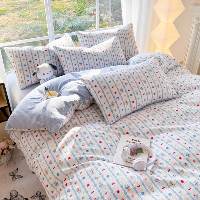 91家纺网 家纺一手货源 找家纺 王朝国际 2026新款时尚印花棉纱四件套 小熊派对