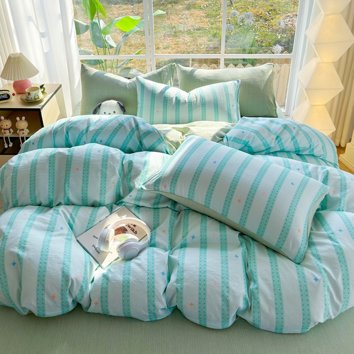 91家纺网 家纺一手货源 找家纺 王朝国际 2026新款时尚印花棉纱四件套 星河律动