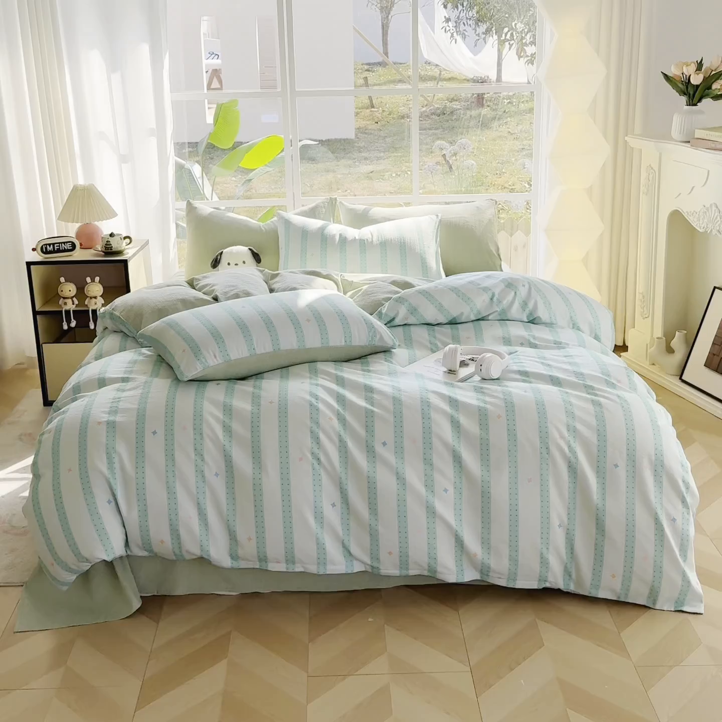 91家纺网 家纺一手货源 找家纺 王朝国际 2026新款时尚印花棉纱四件套 星河律动