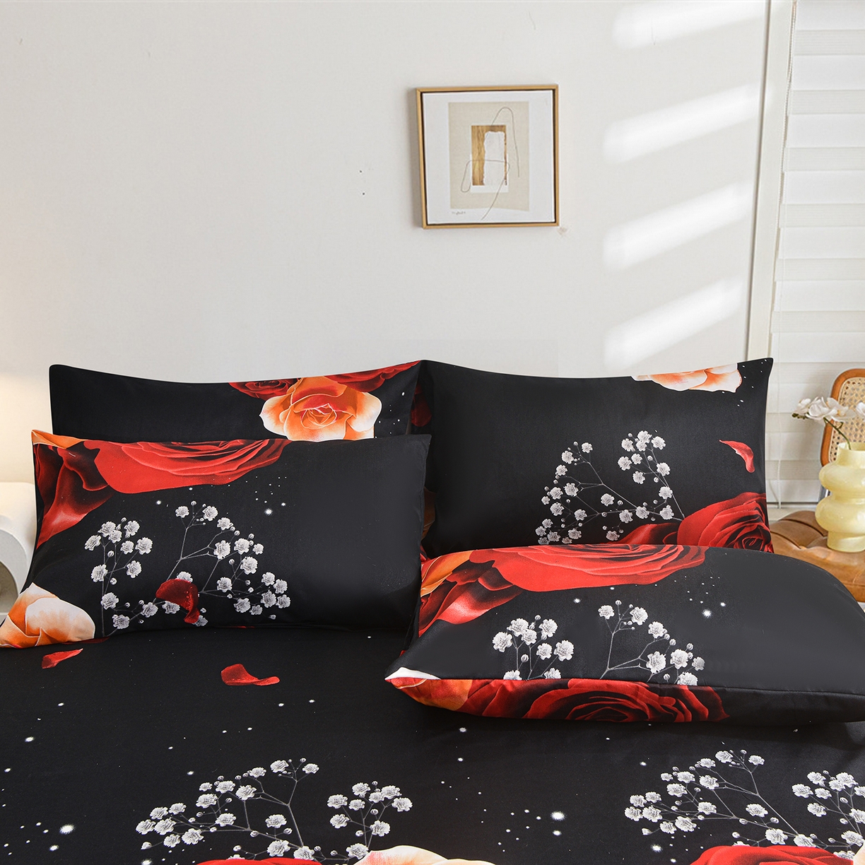 91家纺网 家纺一手货源 找家纺 柏钧家纺 2026新款万圣节元素85g芦荟棉外贸尺寸可定制单品床笠跨境直播床笠三件套 黑花