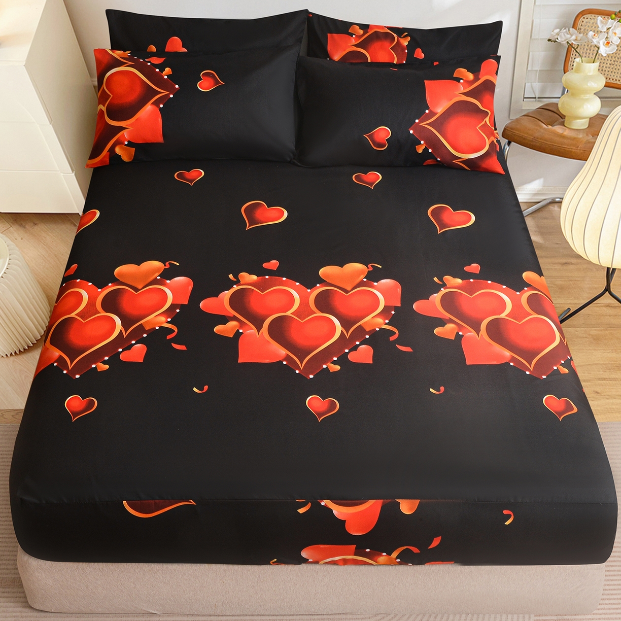 91家纺网 家纺一手货源 找家纺 柏钧家纺 2026新款万圣节元素85g芦荟棉外贸尺寸可定制单品床笠跨境直播床笠三件套 黑心