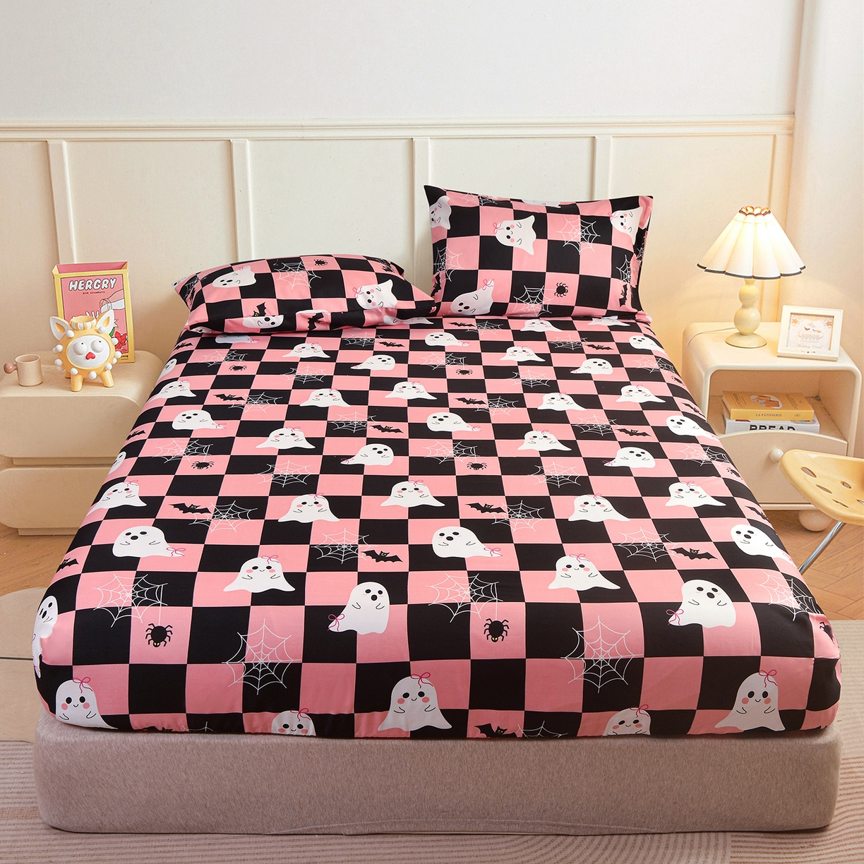 柏钧家纺 2026新款万圣节元素85g芦荟棉外贸尺寸可定制单品床笠跨境直播床笠三件套 万圣节幽灵