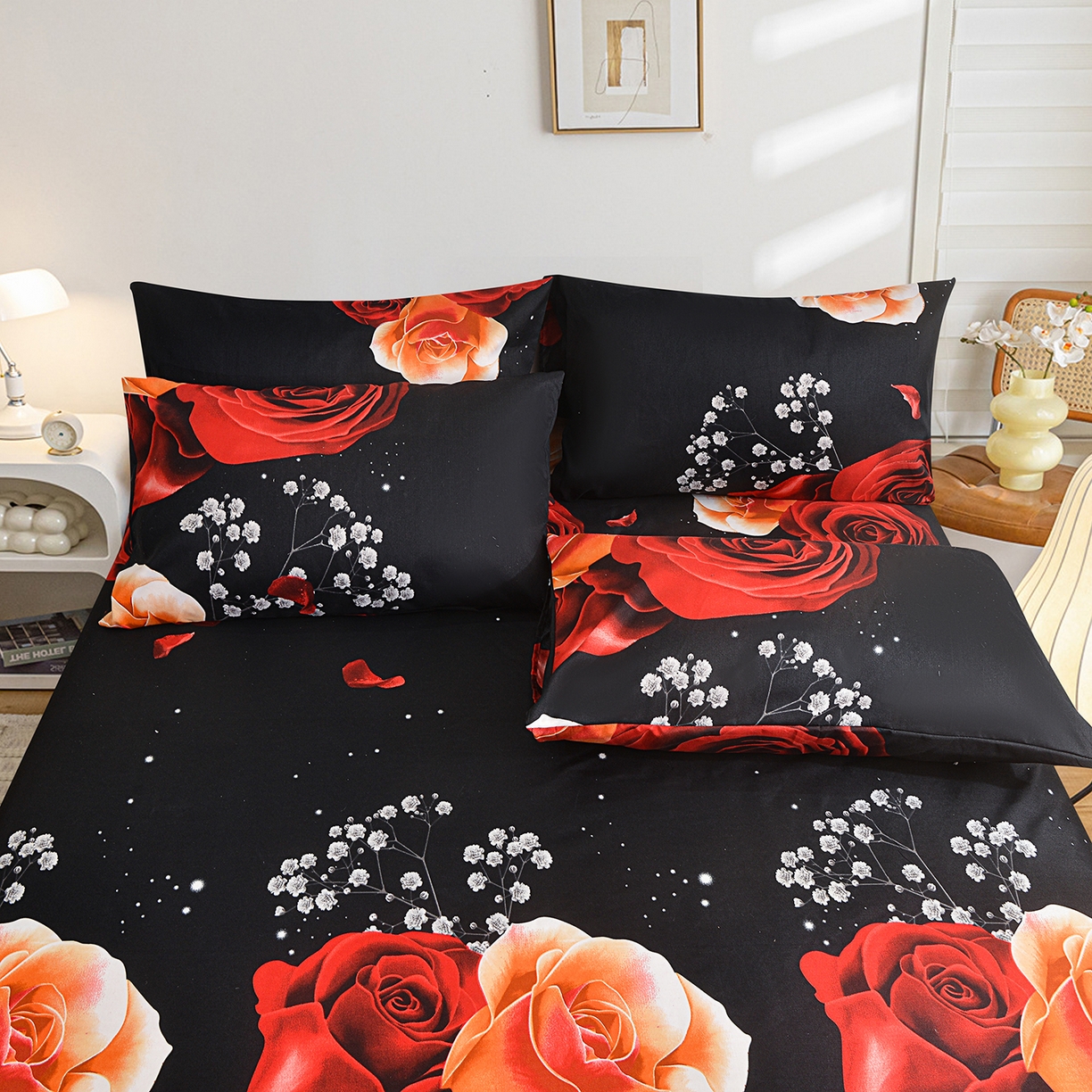 91家纺网 家纺一手货源 找家纺 柏钧家纺 2026新款万圣节元素85g芦荟棉外贸尺寸可定制单品床笠跨境直播床笠三件套 黑花