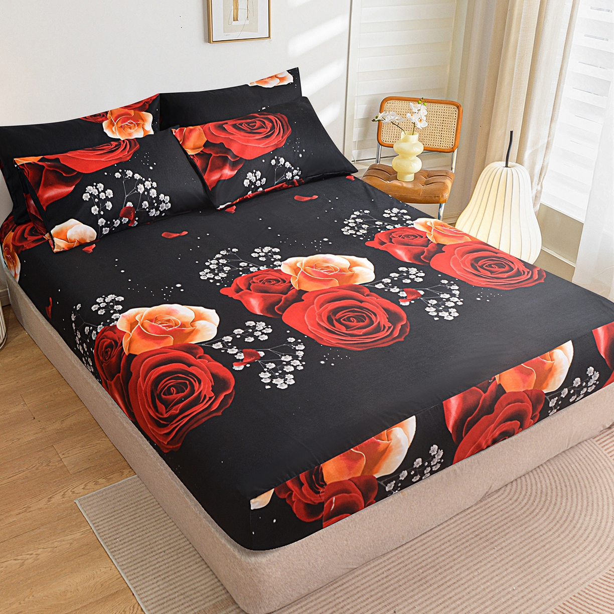 91家纺网 家纺一手货源 找家纺 柏钧家纺 2026新款万圣节元素85g芦荟棉外贸尺寸可定制单品床笠跨境直播床笠三件套 黑花