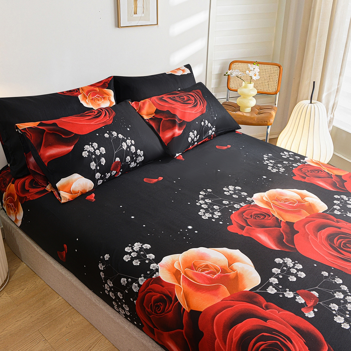 91家纺网 家纺一手货源 找家纺 柏钧家纺 2026新款万圣节元素85g芦荟棉外贸尺寸可定制单品床笠跨境直播床笠三件套 黑花