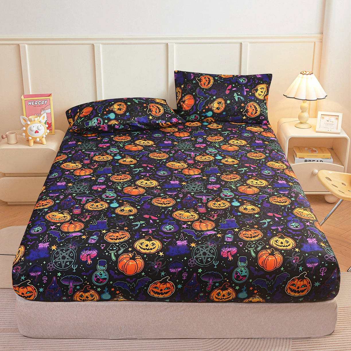 91家纺网 家纺一手货源 找家纺 （总）柏钧家纺 2026新款万圣节元素85g芦荟棉外贸尺寸可定制单品床笠跨境直播床笠三件套