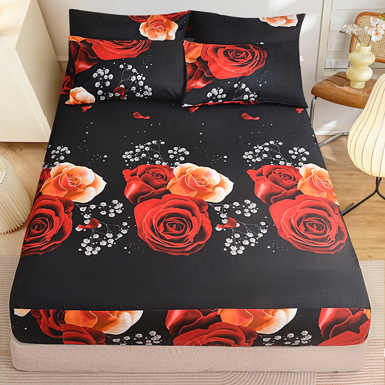 91家纺网 家纺一手货源 找家纺 柏钧家纺 2026新款万圣节元素85g芦荟棉外贸尺寸可定制单品床笠跨境直播床笠三件套 黑花