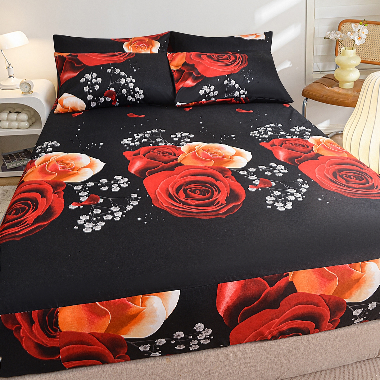 91家纺网 家纺一手货源 找家纺 柏钧家纺 2026新款万圣节元素85g芦荟棉外贸尺寸可定制单品床笠跨境直播床笠三件套 黑花