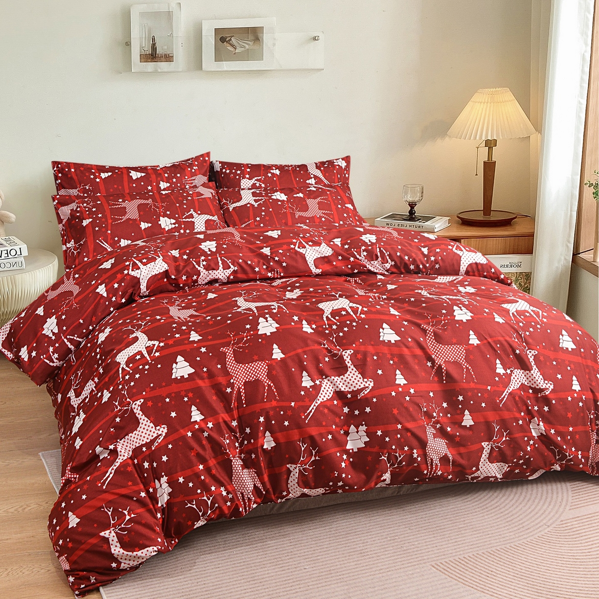 91家纺网 家纺一手货源 找家纺 柏钧家纺 2026圣诞新款专供外贸跨境电商热销款印花套件系列--单品被套被套单件 麋鹿红