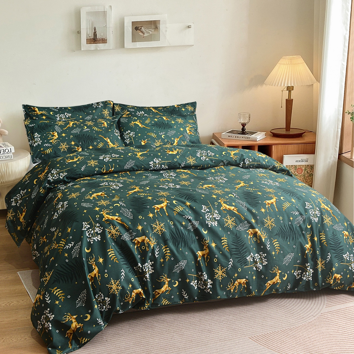 91家纺网 家纺一手货源 找家纺 柏钧家纺 2026圣诞新款专供外贸跨境电商热销款印花套件系列--单品被套被套单件 麋鹿绿