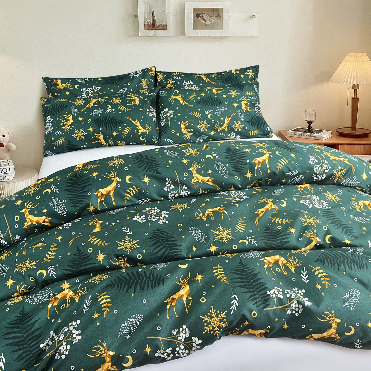 91家纺网 家纺一手货源 找家纺 柏钧家纺 2026圣诞新款专供外贸跨境电商热销款印花套件系列--单品被套被套单件 麋鹿绿