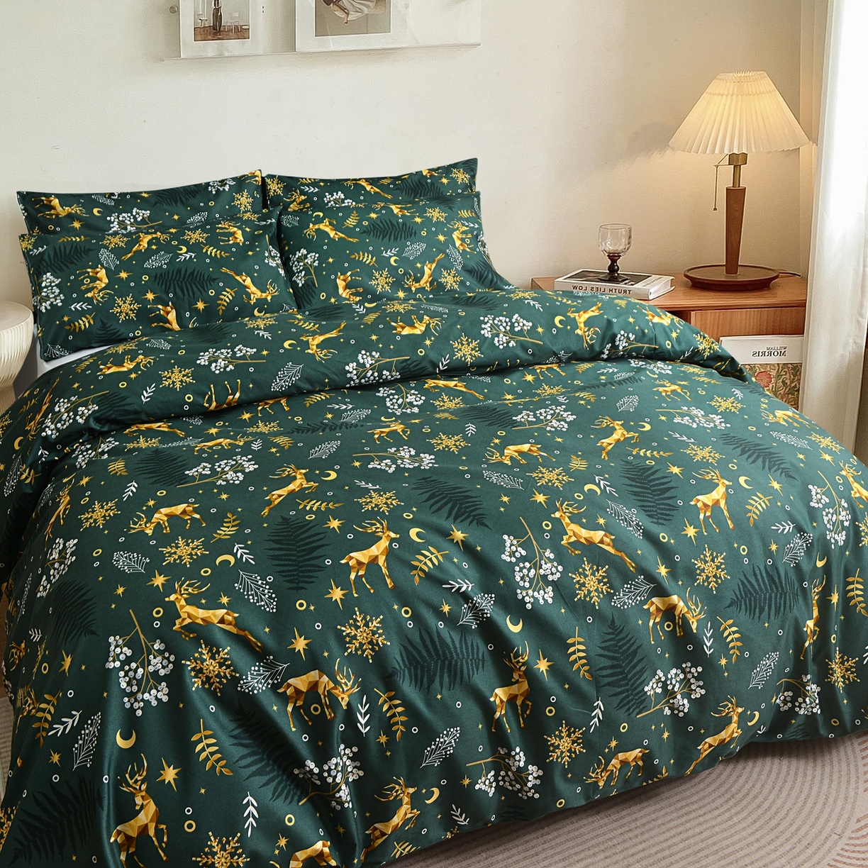 91家纺网 家纺一手货源 找家纺 柏钧家纺 2026圣诞新款专供外贸跨境电商热销款印花套件系列--单品被套被套单件 麋鹿绿