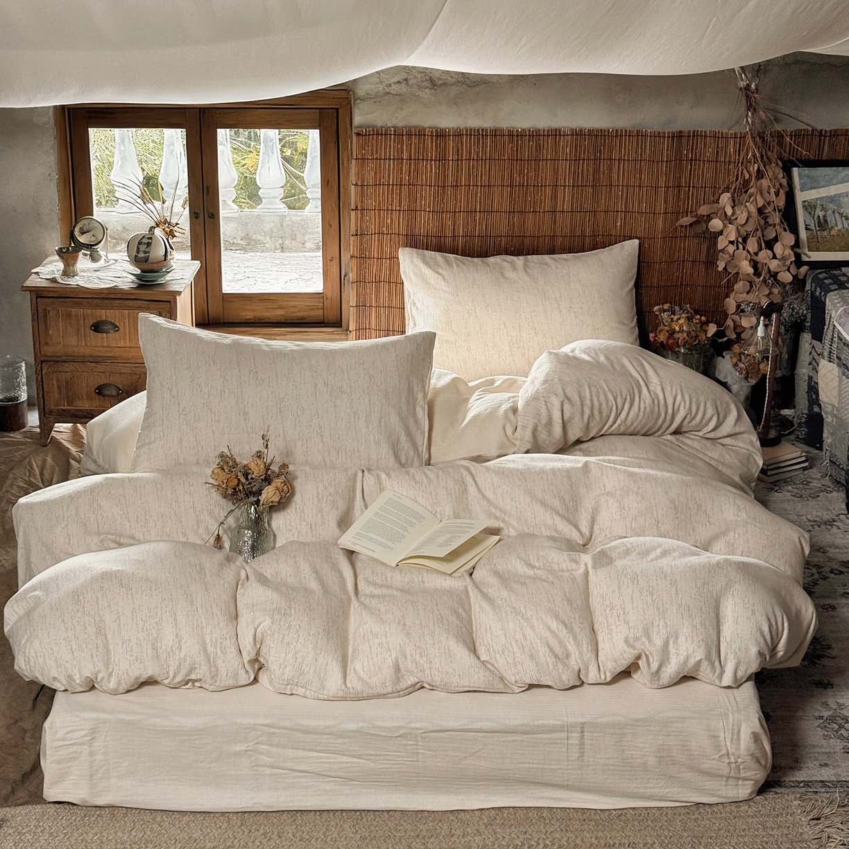 91家纺网 家纺一手货源 找家纺 澳萝拉 2026新款色织提花棉麻四件套 流年