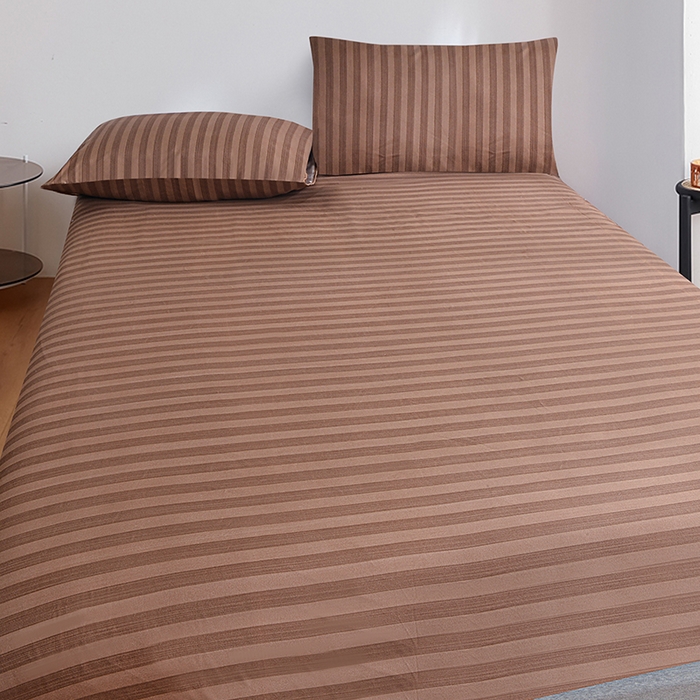 91家纺网 家纺一手货源 找家纺 柏钧家纺 2025新款跨境外贸日式无印风单层条纹单品床笠 咖