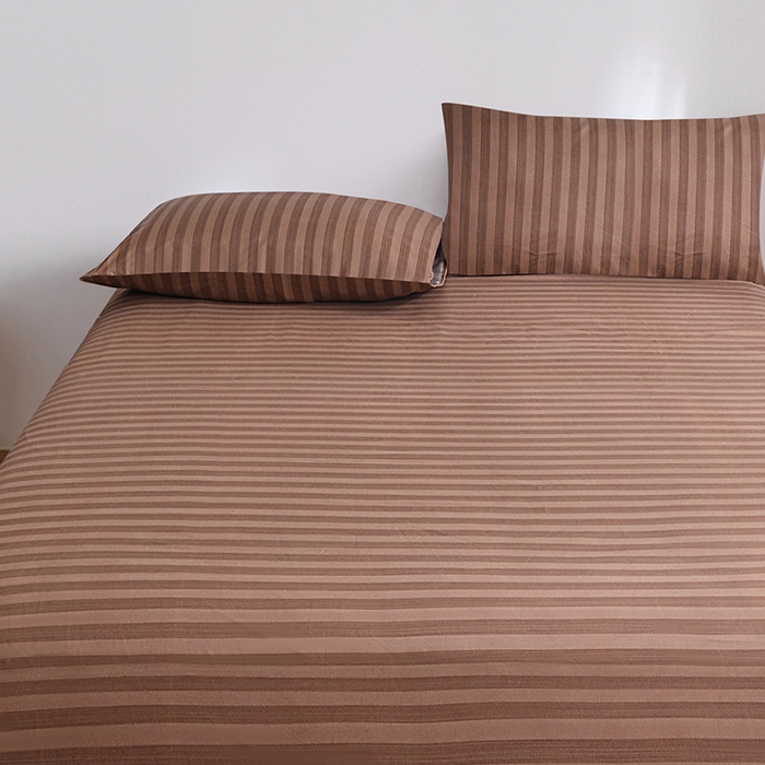 91家纺网 家纺一手货源 找家纺 柏钧家纺 2025新款跨境外贸日式无印风单层条纹单品床笠 咖