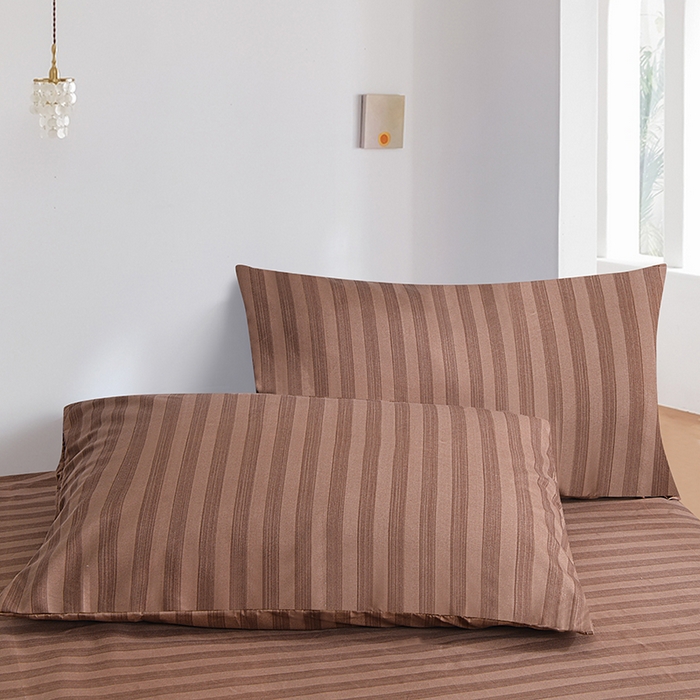 91家纺网 家纺一手货源 找家纺 柏钧家纺 2025新款跨境外贸日式无印风单层条纹单品床笠 咖