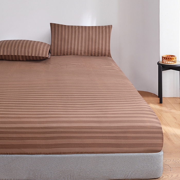 91家纺网 家纺一手货源 找家纺 柏钧家纺 2025新款跨境外贸日式无印风单层条纹单品床笠 咖