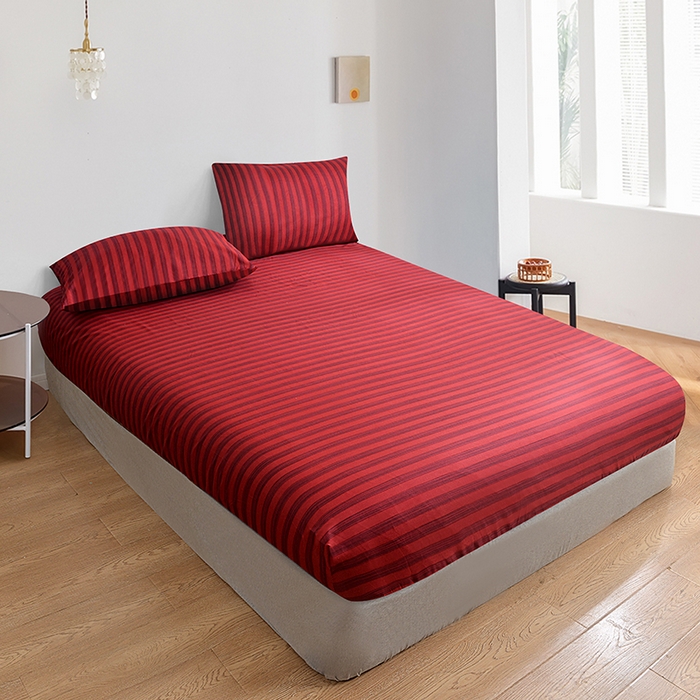 91家纺网 家纺一手货源 找家纺 柏钧家纺 2025新款跨境外贸日式无印风单层条纹单品床笠 红