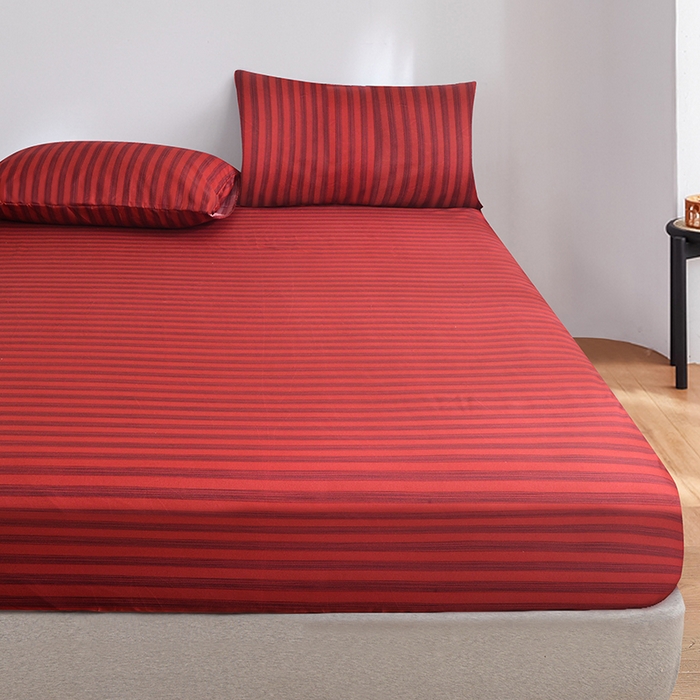 91家纺网 家纺一手货源 找家纺 柏钧家纺 2025新款跨境外贸日式无印风单层条纹单品床笠 红