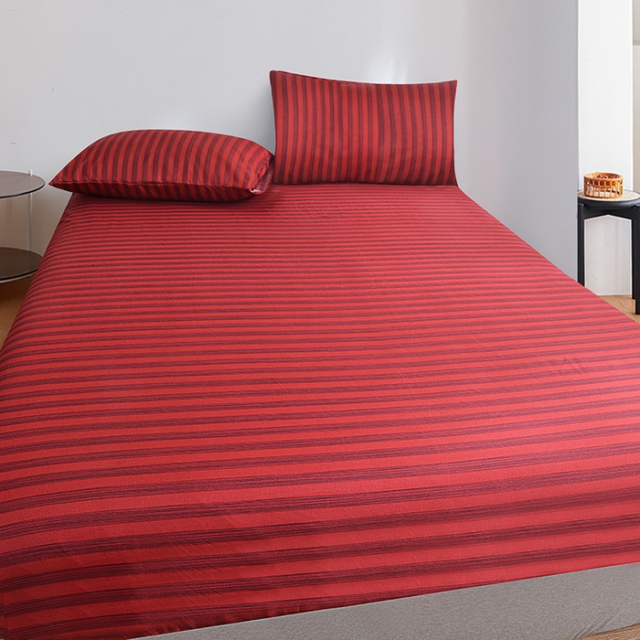 91家纺网 家纺一手货源 找家纺 柏钧家纺 2025新款跨境外贸日式无印风单层条纹单品床笠 红