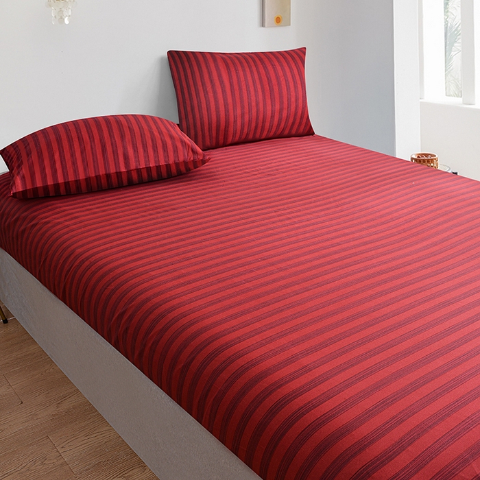 91家纺网 家纺一手货源 找家纺 柏钧家纺 2025新款跨境外贸日式无印风单层条纹单品床笠 红