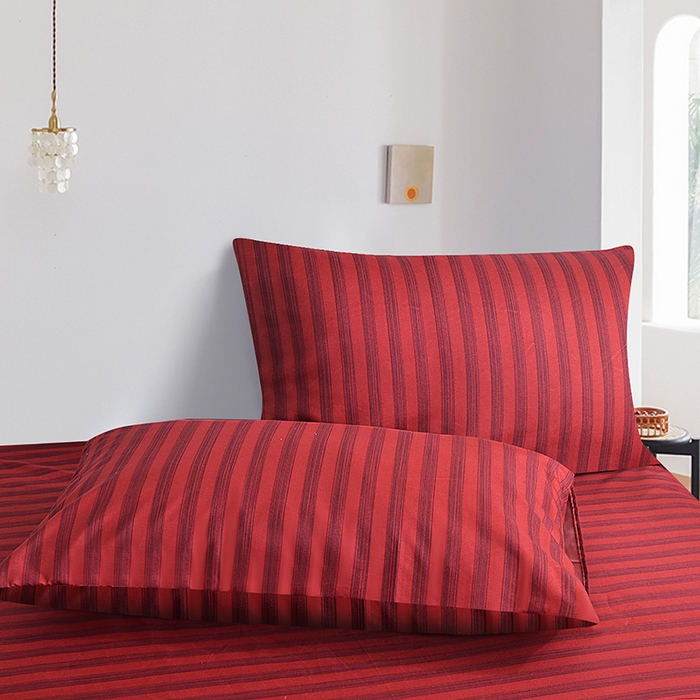 91家纺网 家纺一手货源 找家纺 柏钧家纺 2025新款跨境外贸日式无印风单层条纹单品床笠 红