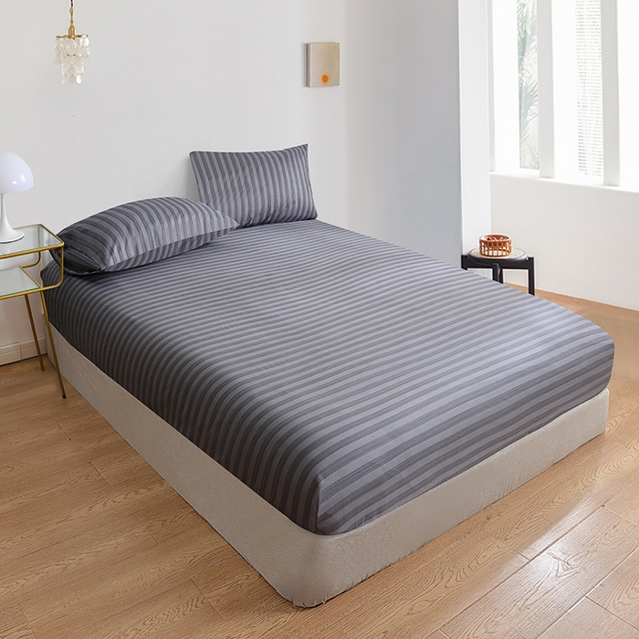 91家纺网 家纺一手货源 找家纺 柏钧家纺 2025新款跨境外贸日式无印风单层条纹单品床笠 灰