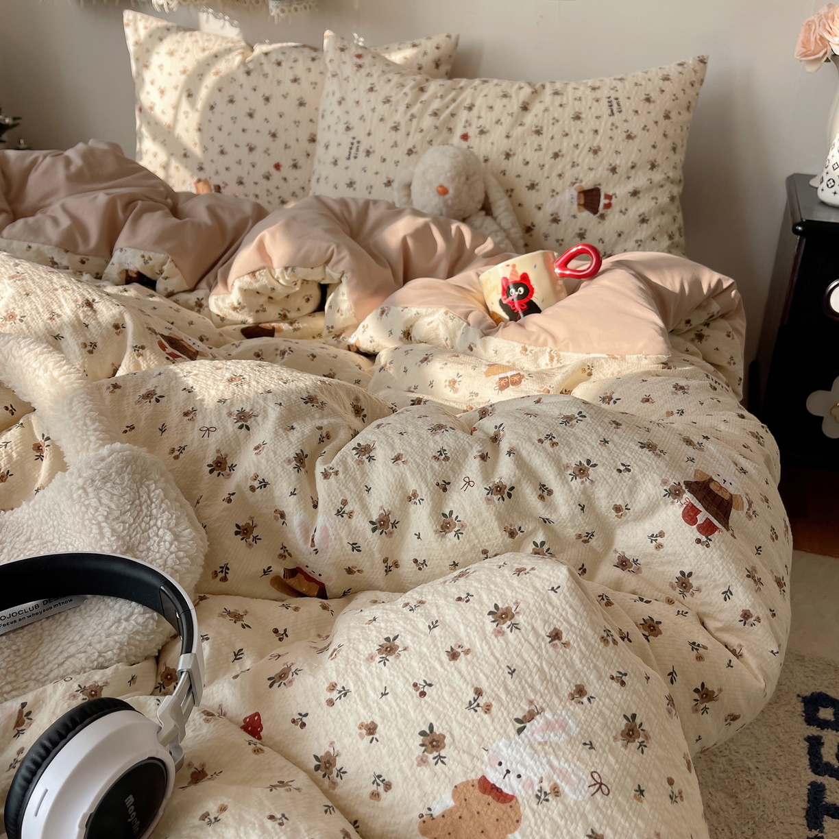 沐芷 2026 高克重110g泡芙棉四件套A类床上用品被套宿舍床单三件套【提供买家秀】 咖兔花园