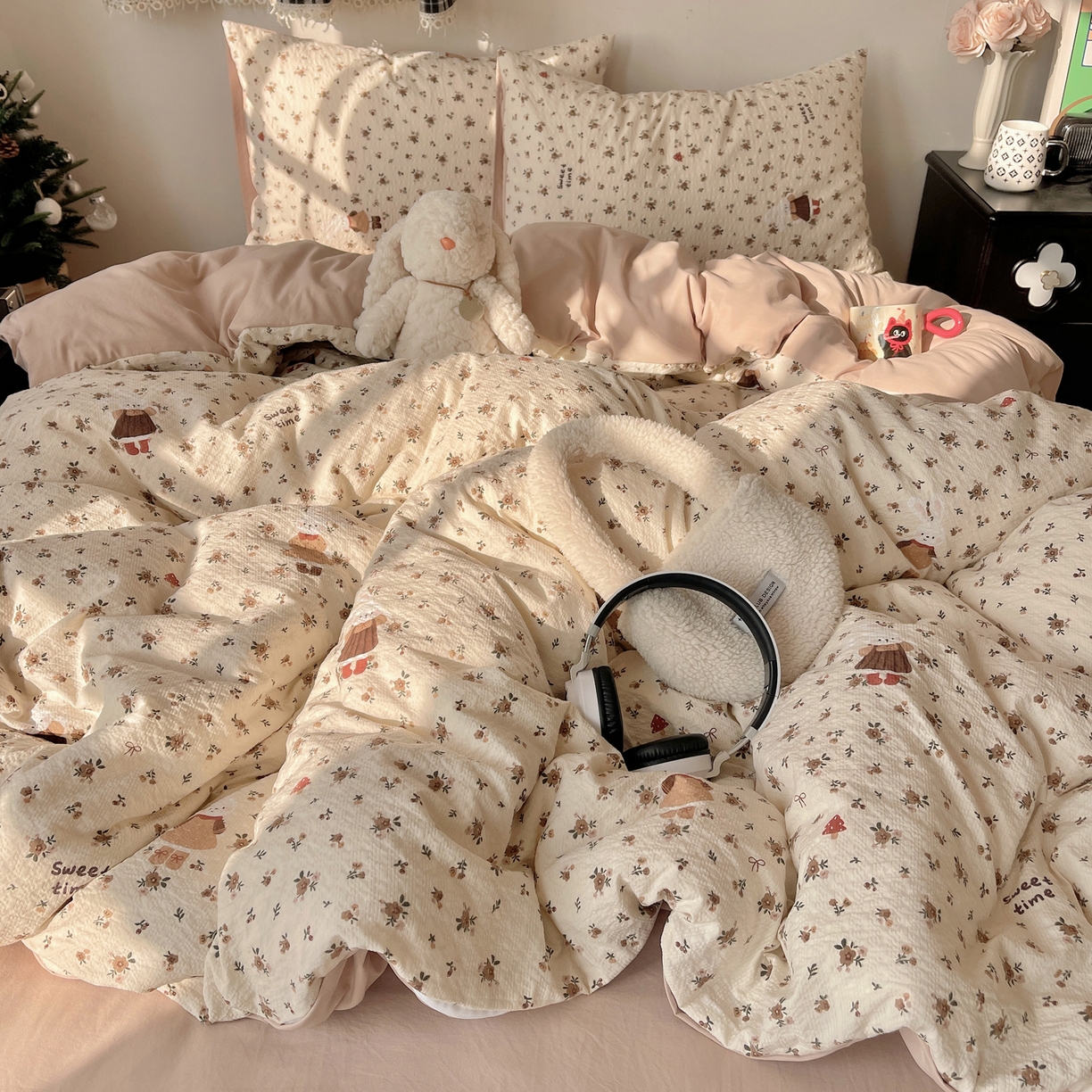 91家纺网 家纺一手货源 找家纺 沐芷 2026 高克重110g泡芙棉四件套A类床上用品被套宿舍床单三件套【提供买家秀】 咖兔花园