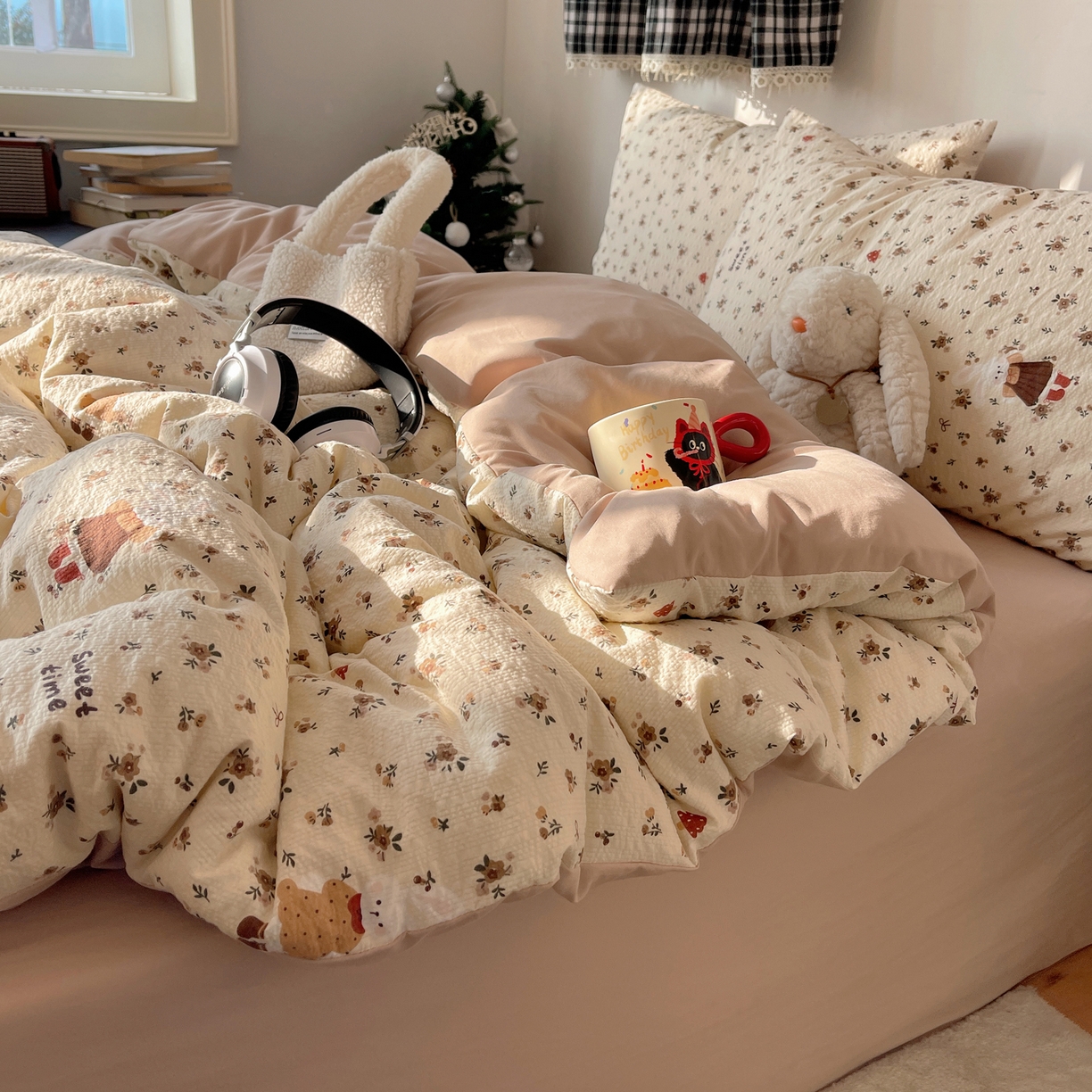 91家纺网 家纺一手货源 找家纺 沐芷 2026 高克重110g泡芙棉四件套A类床上用品被套宿舍床单三件套【提供买家秀】 咖兔花园