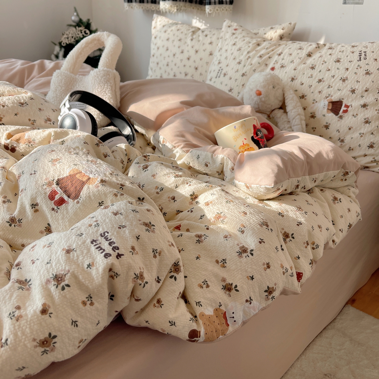 91家纺网 家纺一手货源 找家纺 沐芷 2026 高克重110g泡芙棉四件套A类床上用品被套宿舍床单三件套【提供买家秀】 咖兔花园