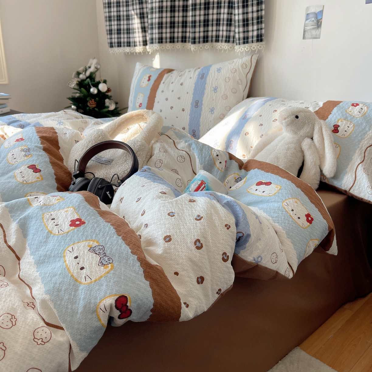 91家纺网 家纺一手货源 找家纺 沐芷 2026 高克重110g泡芙棉四件套A类床上用品被套宿舍床单三件套【提供买家秀】 可可猫条