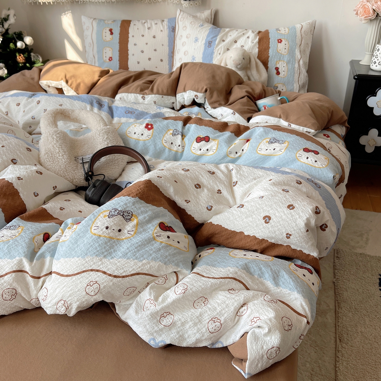 91家纺网 家纺一手货源 找家纺 沐芷 2026 高克重110g泡芙棉四件套A类床上用品被套宿舍床单三件套【提供买家秀】 可可猫条