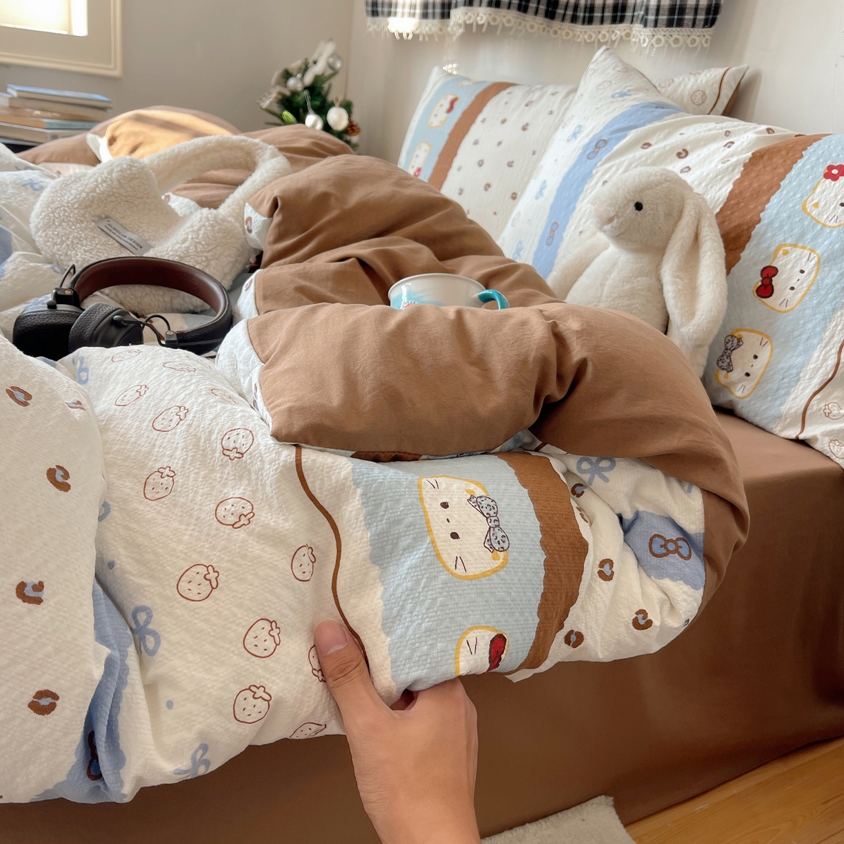 91家纺网 家纺一手货源 找家纺 沐芷 2026 高克重110g泡芙棉四件套A类床上用品被套宿舍床单三件套【提供买家秀】 可可猫条